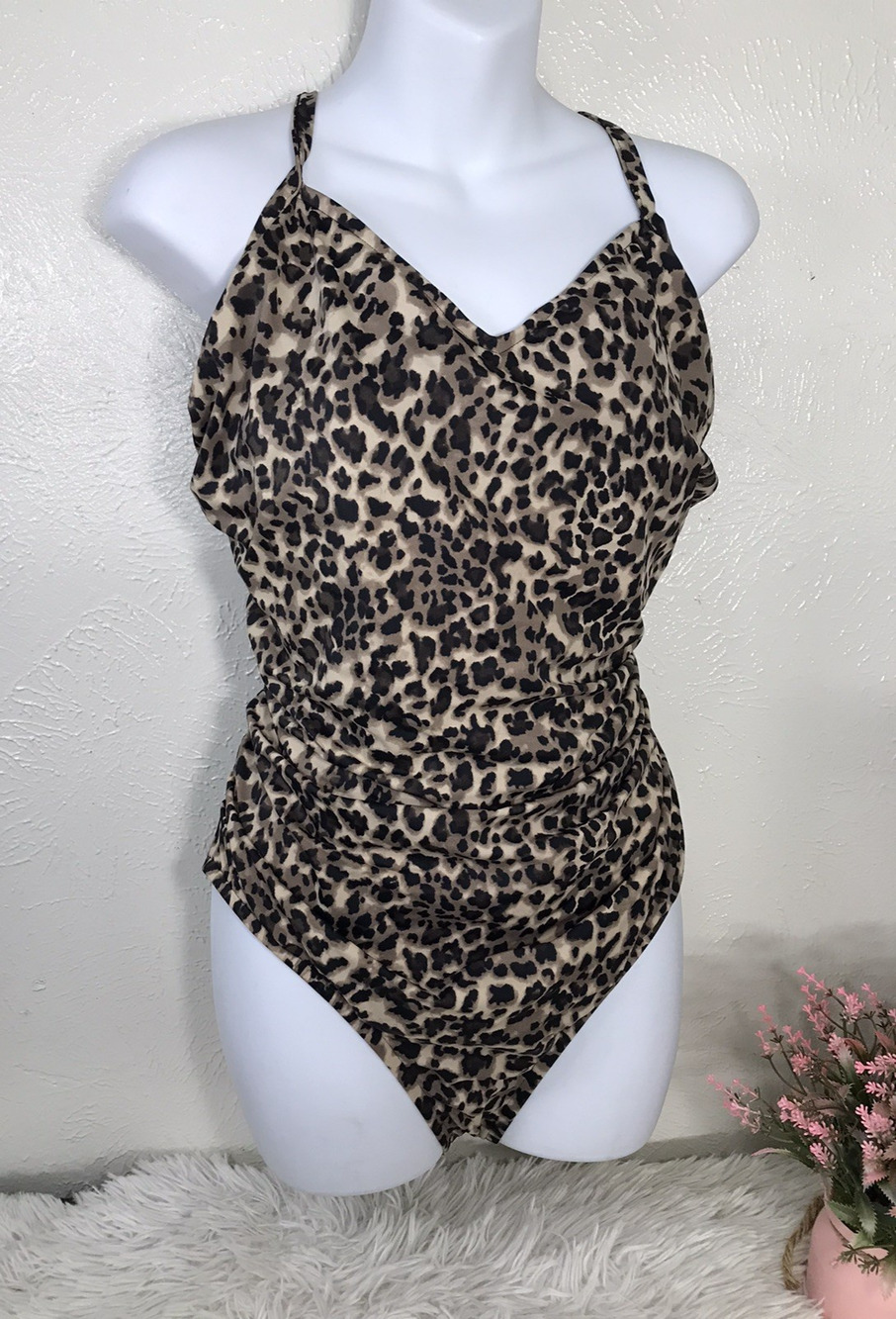 Aqua Green Women's sz 17 Leopard Print One Piece Swimsuit Ruched Front Brown Tan